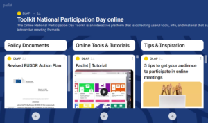 Frontpage of the Toolkit for Online National Partiicpation Days, displaying documents in the categories Policy Documents, Online Tools and Tutorials and Tips and Inspiration